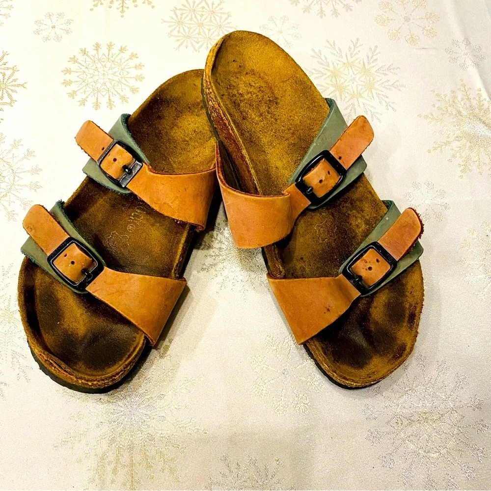 Birkenstock Arizona 2 strap buckle 2-tone brown green leather sandals EU37    WH - Picture 4 of 6